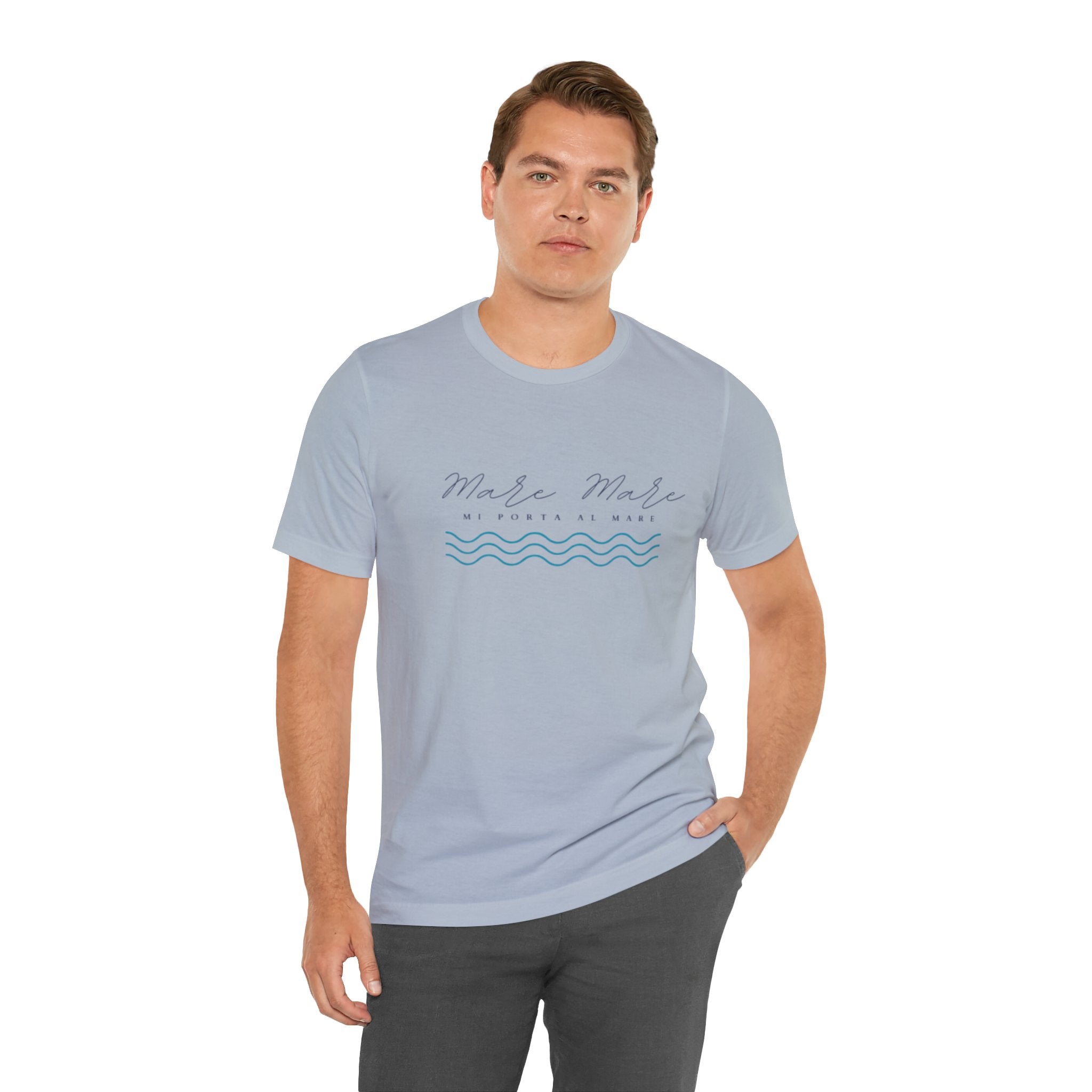 Italienisches Marken-Sommer-T-Shirt aus Jersey mit kurzen Ärmeln und italienischem Slogan: Mare Mare