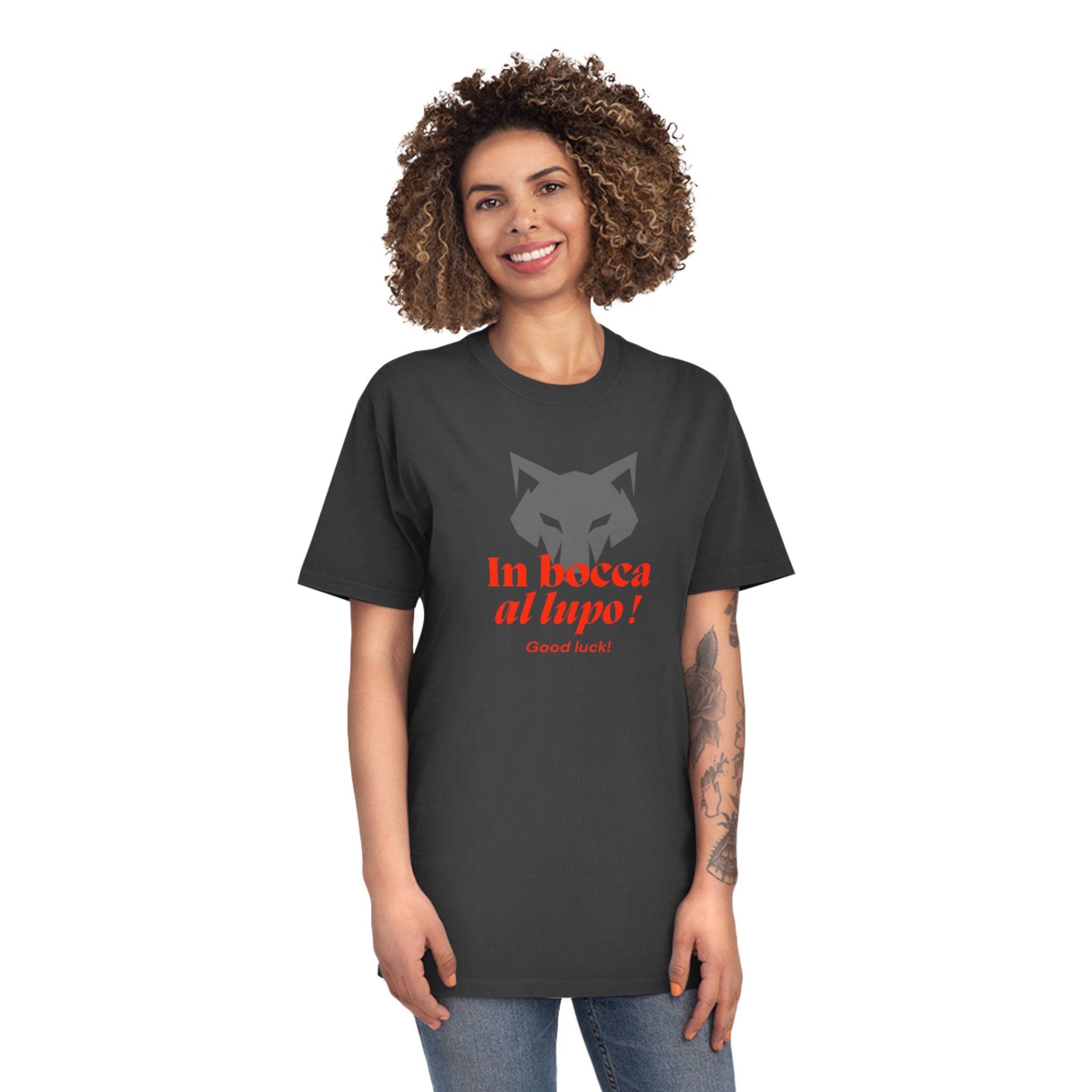 Unisex-T-Shirt mit verblasstem Glücksmotiv – „In bocca al lupo!“-Design