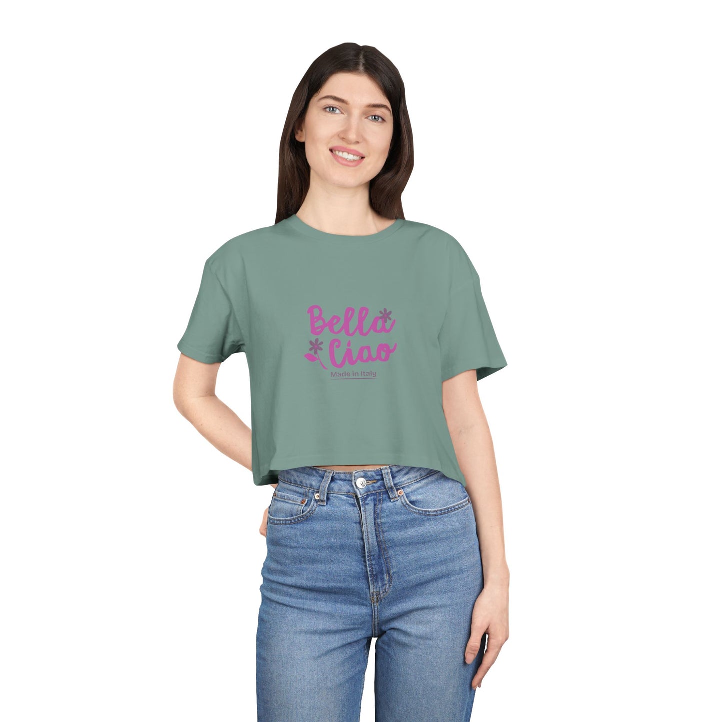 Bella Ciao Crop Tee — Feminine Italian Phrase Graphic Top