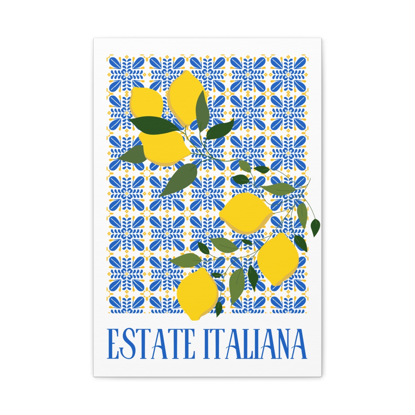 Estate Italiana – Italienischer Sommer – Leinwanddruck – mit dekorativen Zitronen und Majolika-Fliesen – Dekorative Wanddekoration