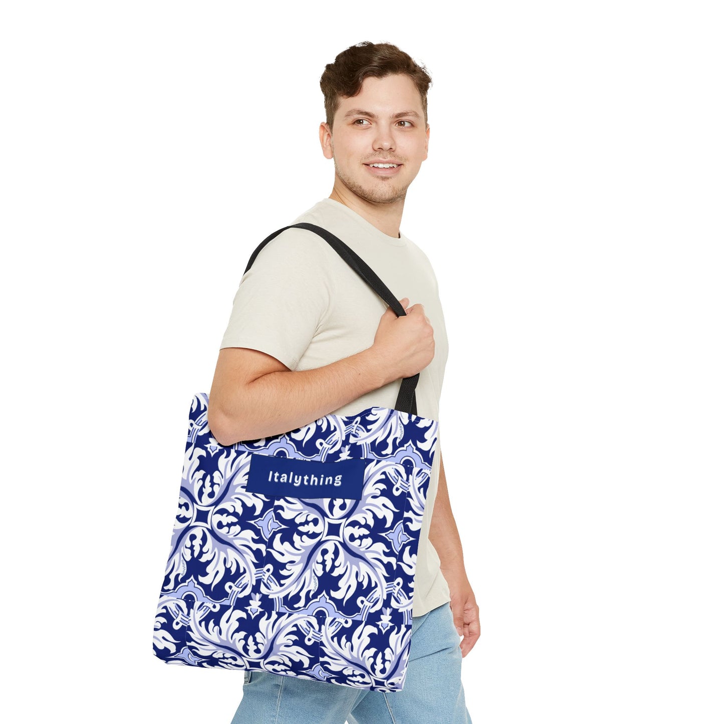 Elegant Navy Majolica Pattern Tote Bag, Stylish Shopping Bag