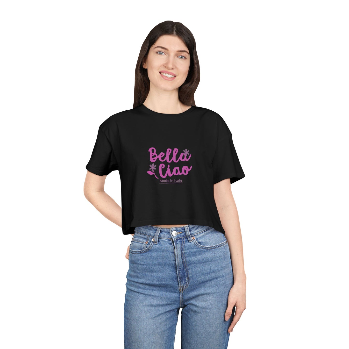 Bella Ciao Crop Tee — Feminine Italian Phrase Graphic Top