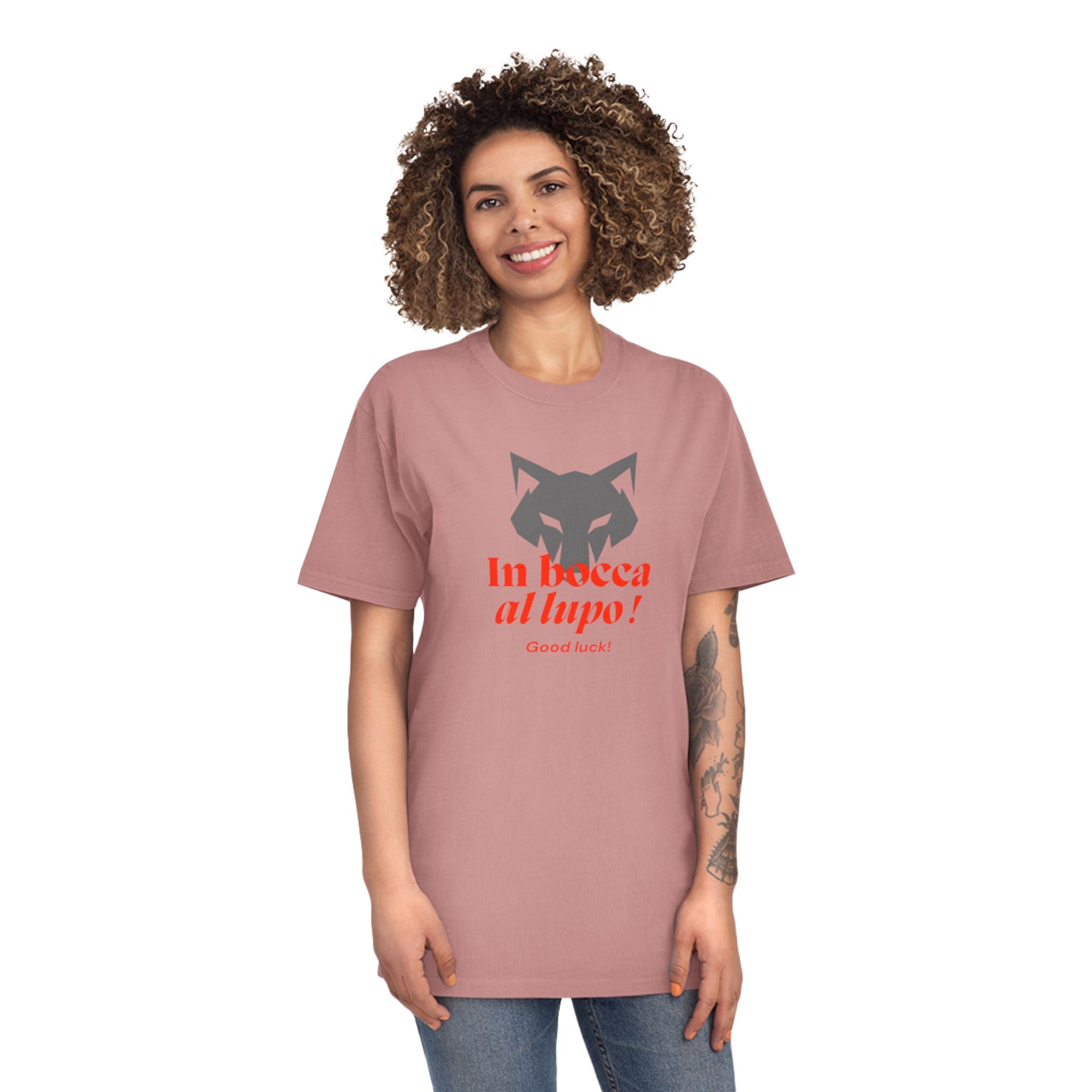 Unisex-T-Shirt mit verblasstem Glücksmotiv – „In bocca al lupo!“-Design