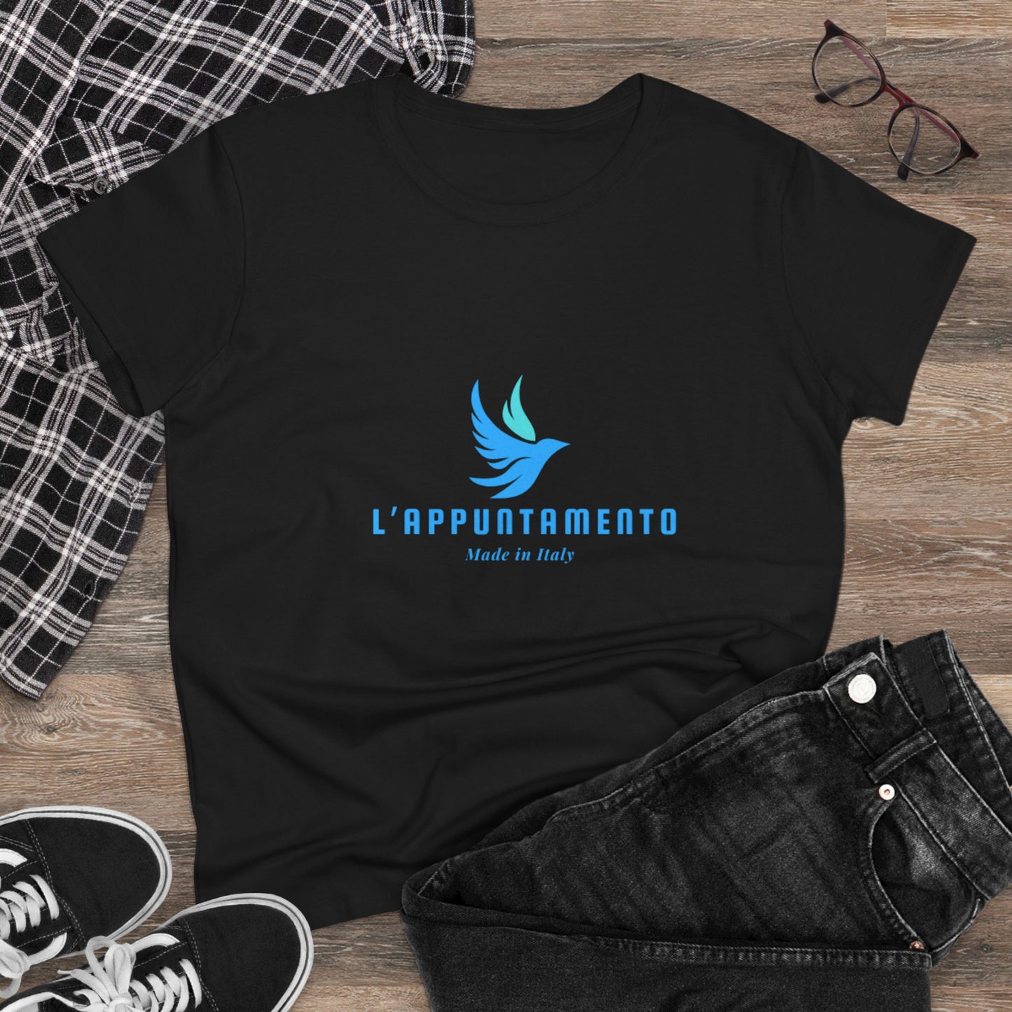 L'Appuntamento Italian Logo Women's Tee — Blue Bird Minimalist Cotton T-Shirt