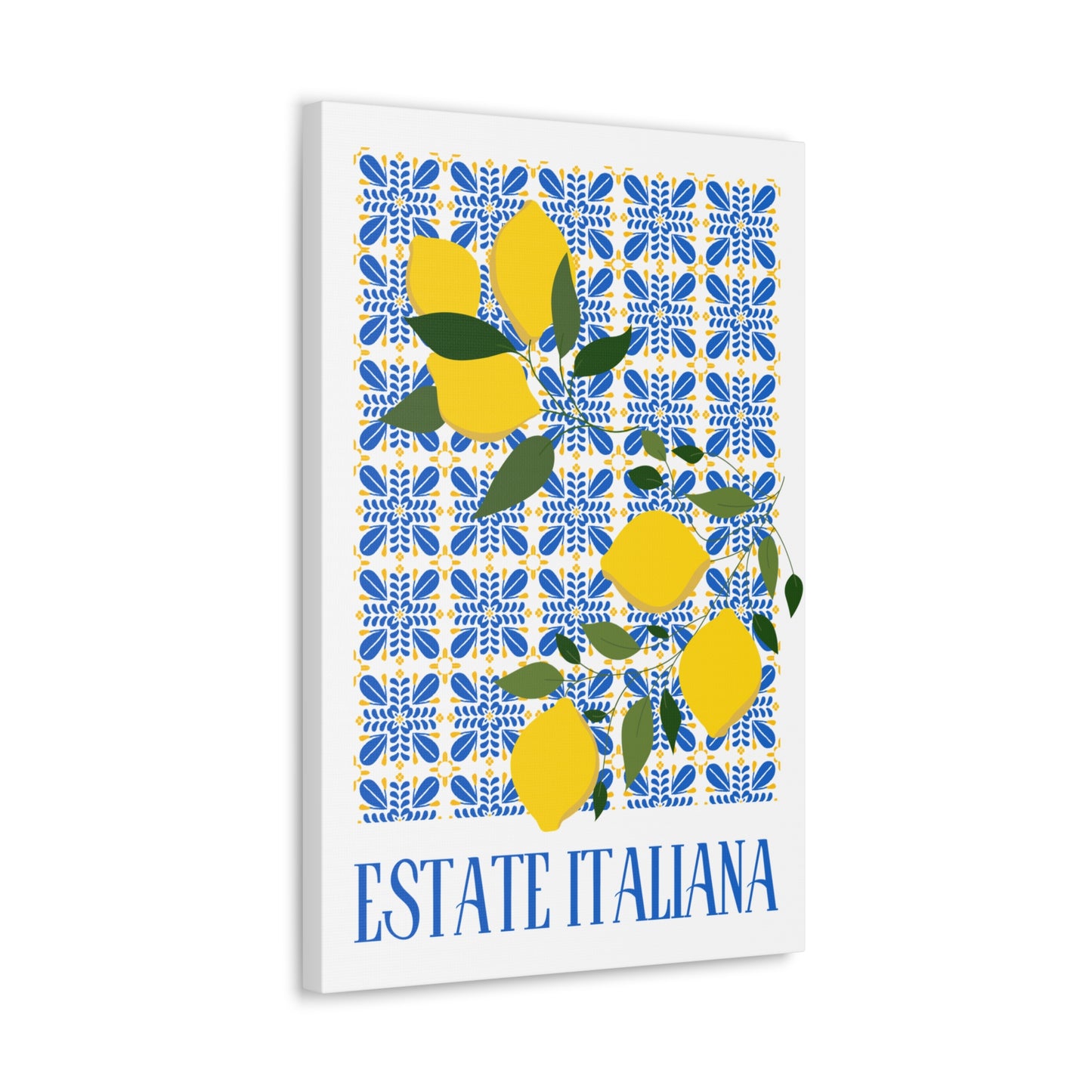 Estate Italiana – Italienischer Sommer – Leinwanddruck – mit dekorativen Zitronen und Majolika-Fliesen – Dekorative Wanddekoration