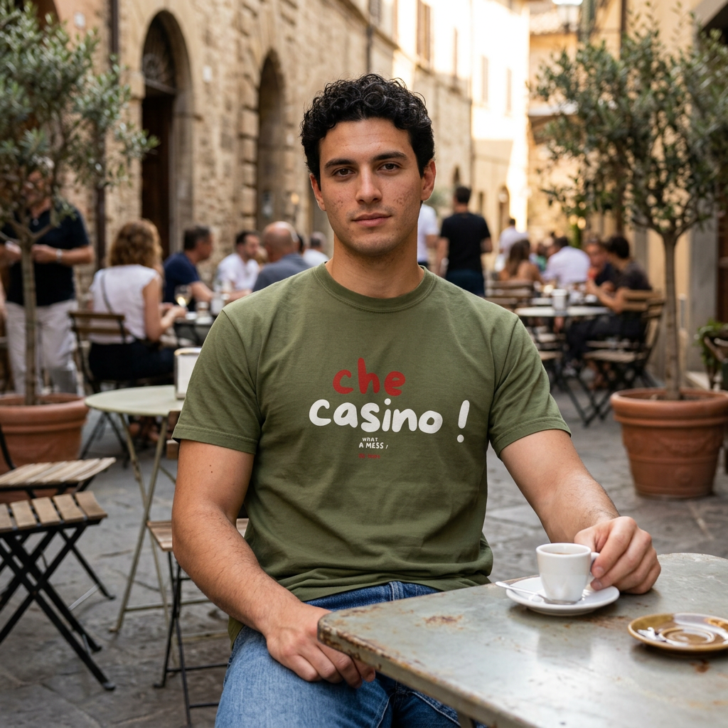 Che Casino Graphic T-Shirt — Italian for "What a mess!" Fun T-Shirt