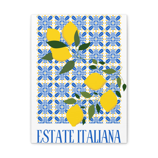 Estate Italiana – Italienischer Sommer – Leinwanddruck – mit dekorativen Zitronen und Majolika-Fliesen – Dekorative Wanddekoration