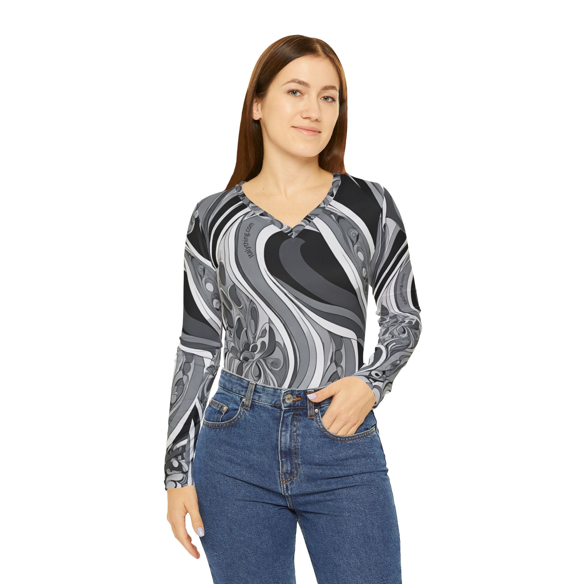 Schickes Pucci-inspiriertes Hemd mit Printärmeln und V-Ausschnitt, trendige Damenmode, perfekt für Arbeit und Reisen