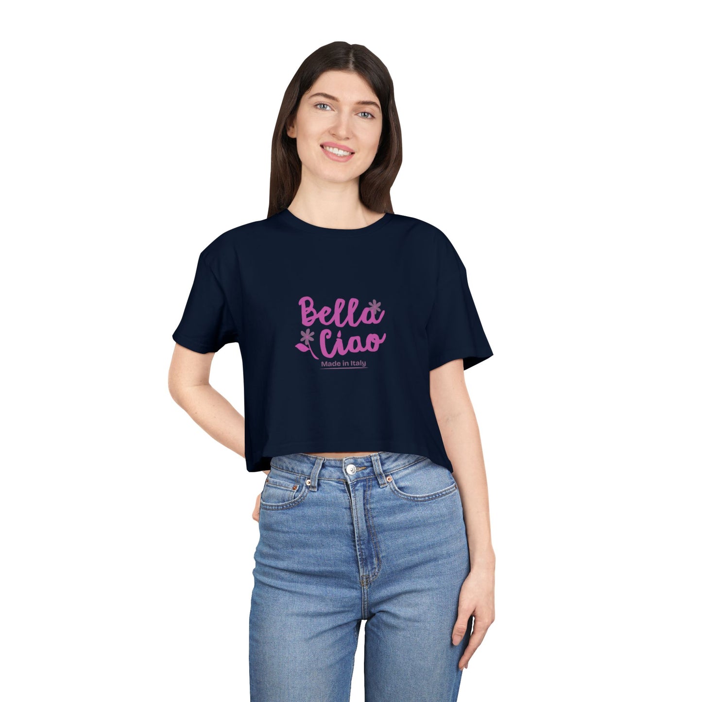 Bella Ciao Crop Tee — Feminine Italian Phrase Graphic Top