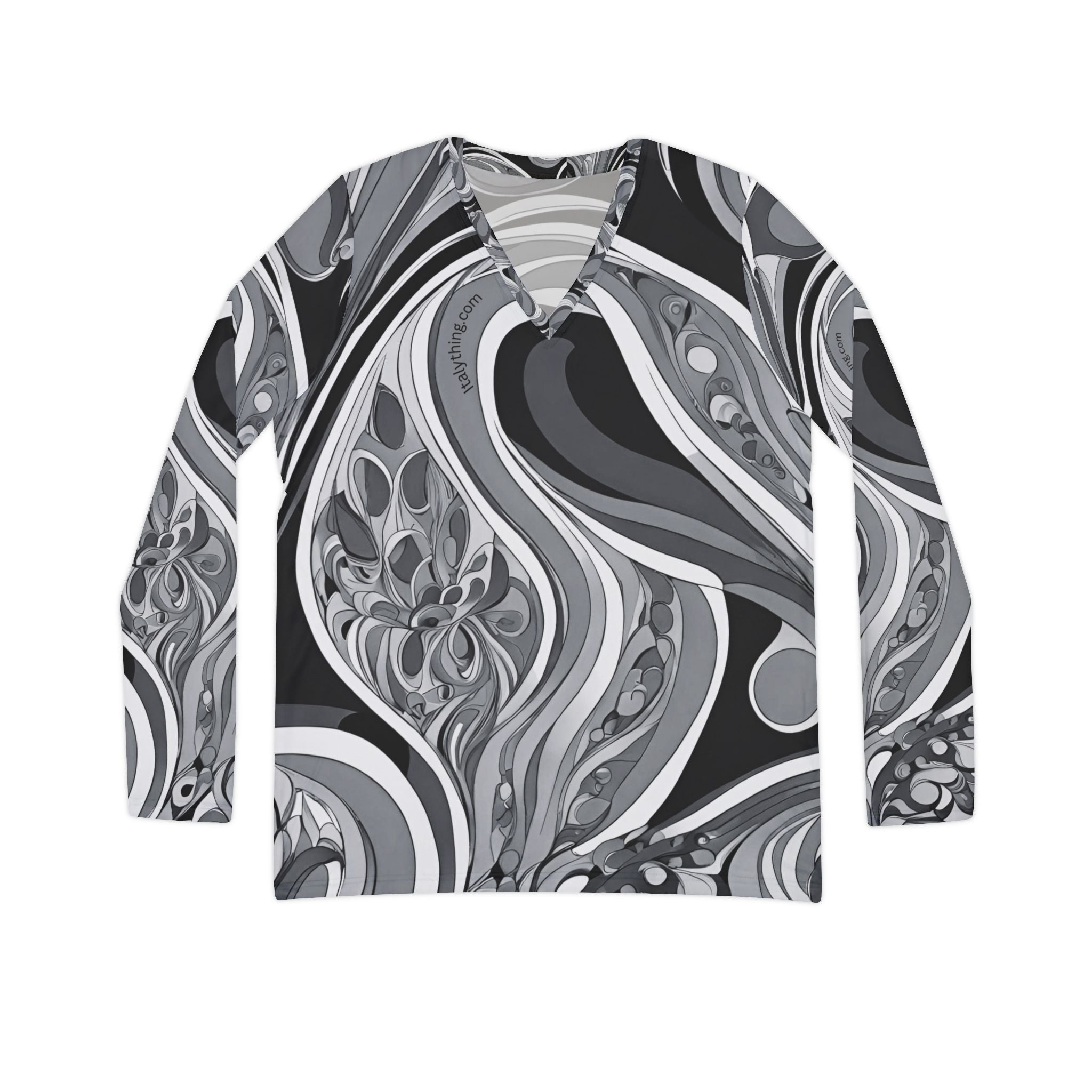 Schickes Pucci-inspiriertes Hemd mit Printärmeln und V-Ausschnitt, trendige Damenmode, perfekt für Arbeit und Reisen