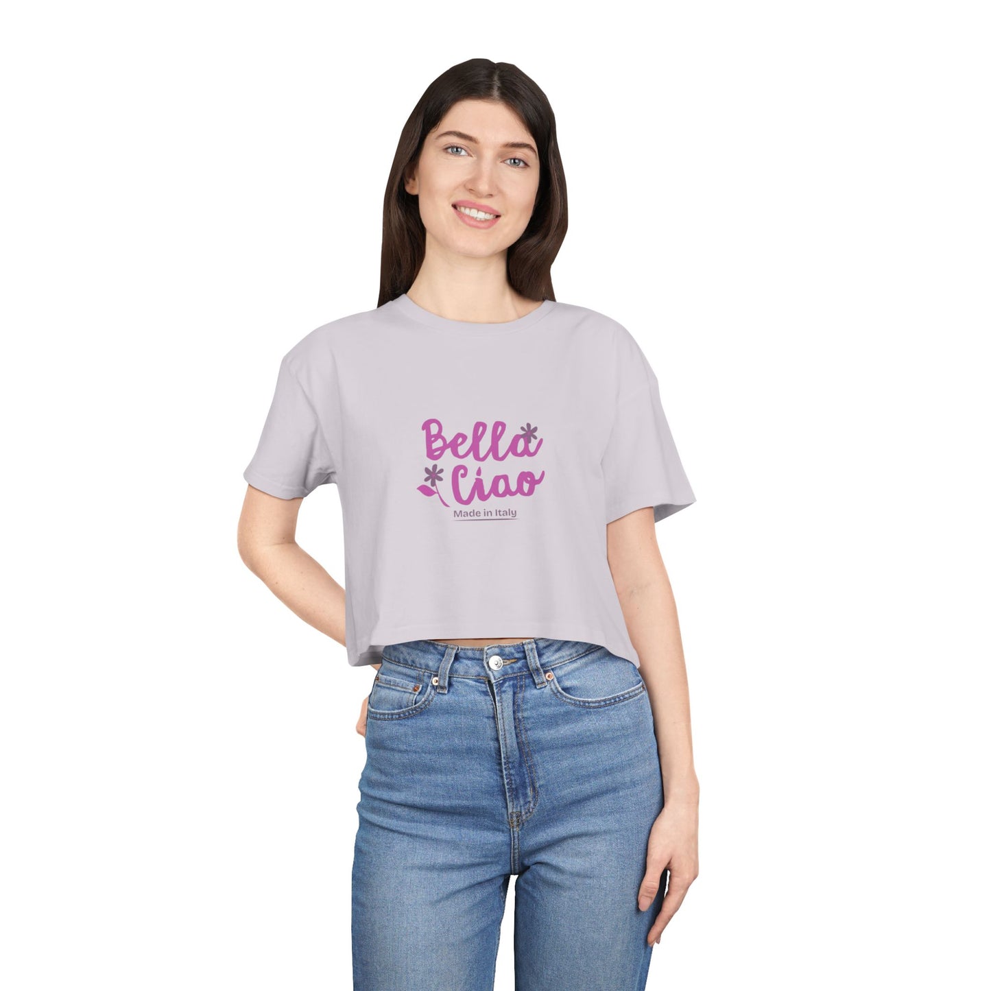 Bella Ciao Crop Tee — Feminine Italian Phrase Graphic Top