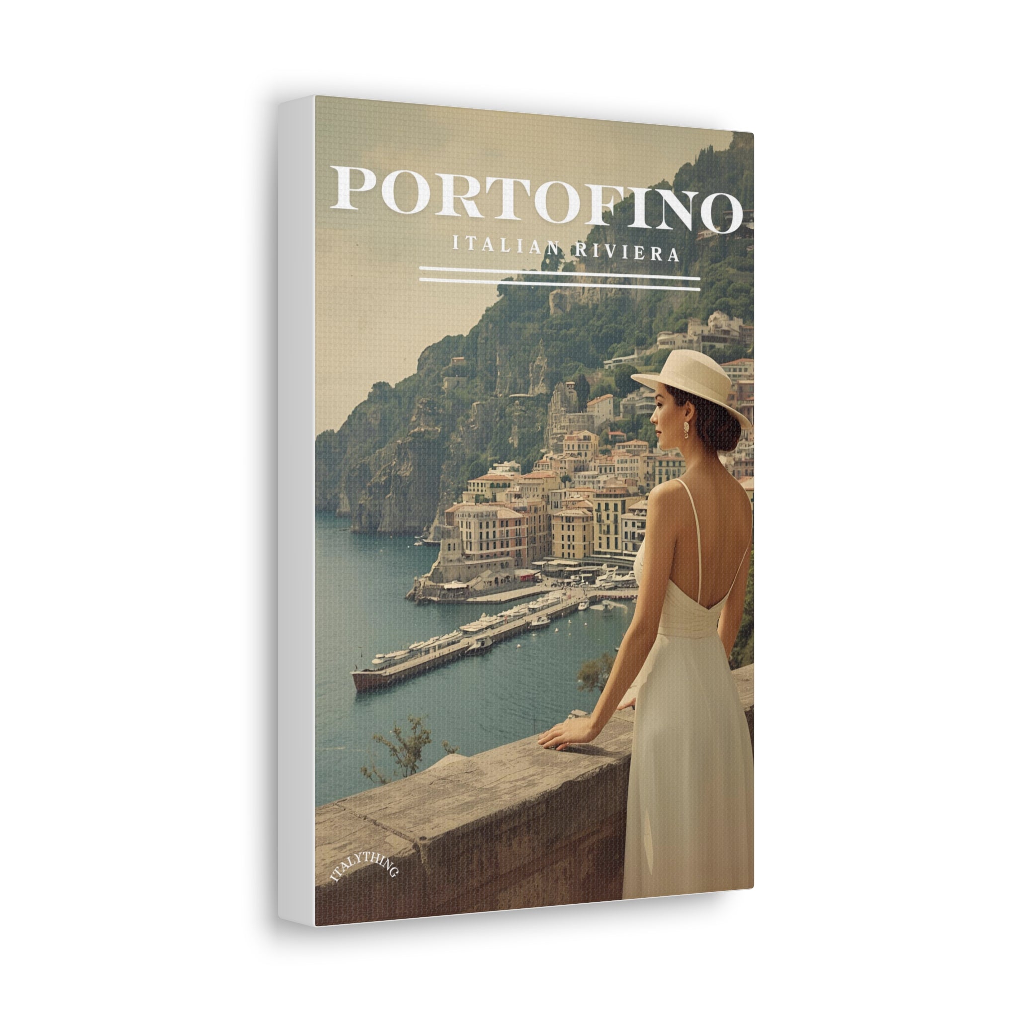 Portofino Vintage Canvas Print - with view over the harbour - Decorative Wall Art