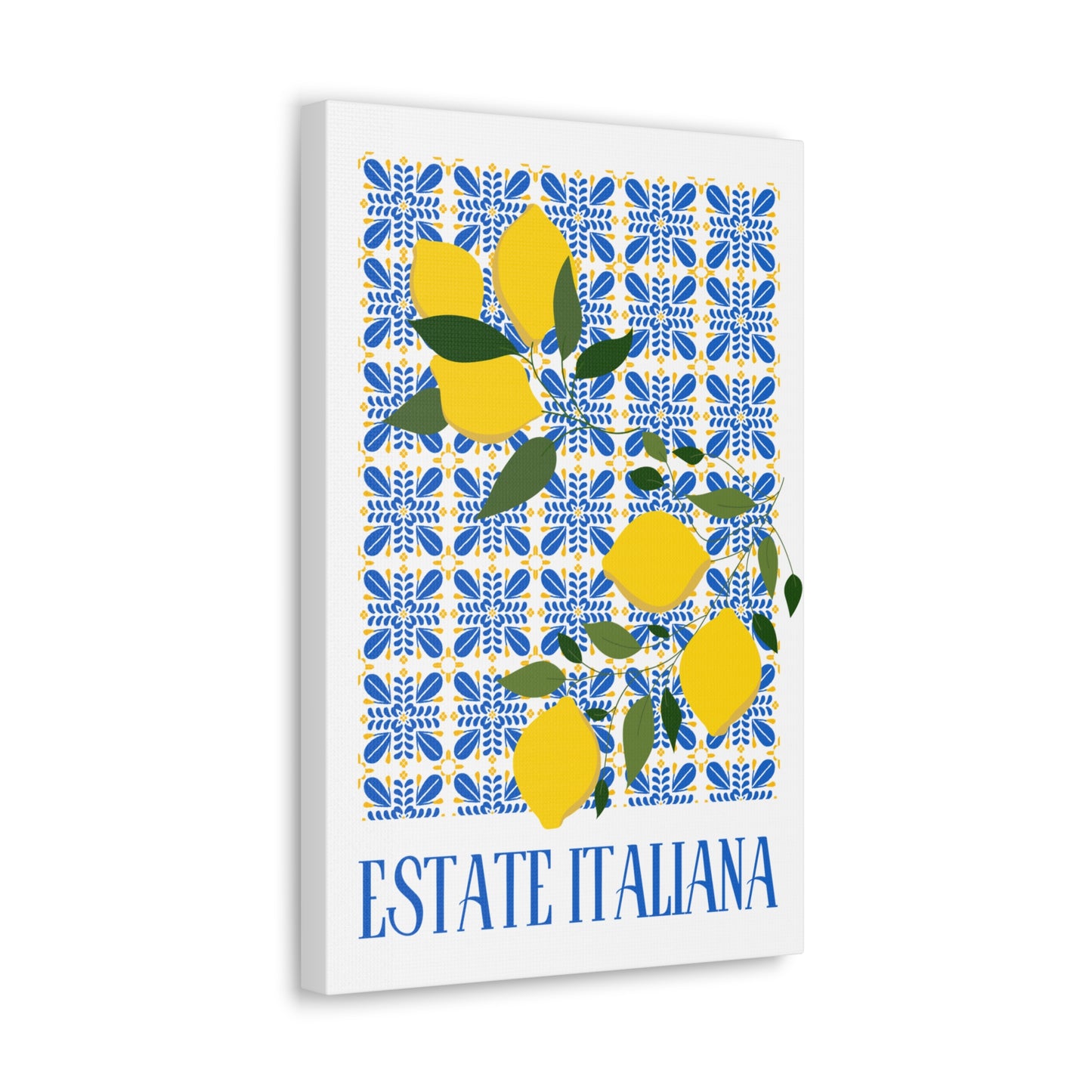 Estate Italiana – Italienischer Sommer – Leinwanddruck – mit dekorativen Zitronen und Majolika-Fliesen – Dekorative Wanddekoration