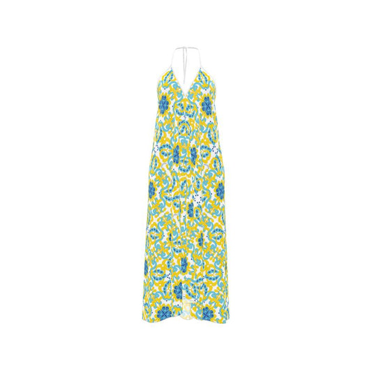 Amalfi Pattern Halterneck Backless Silk Dress