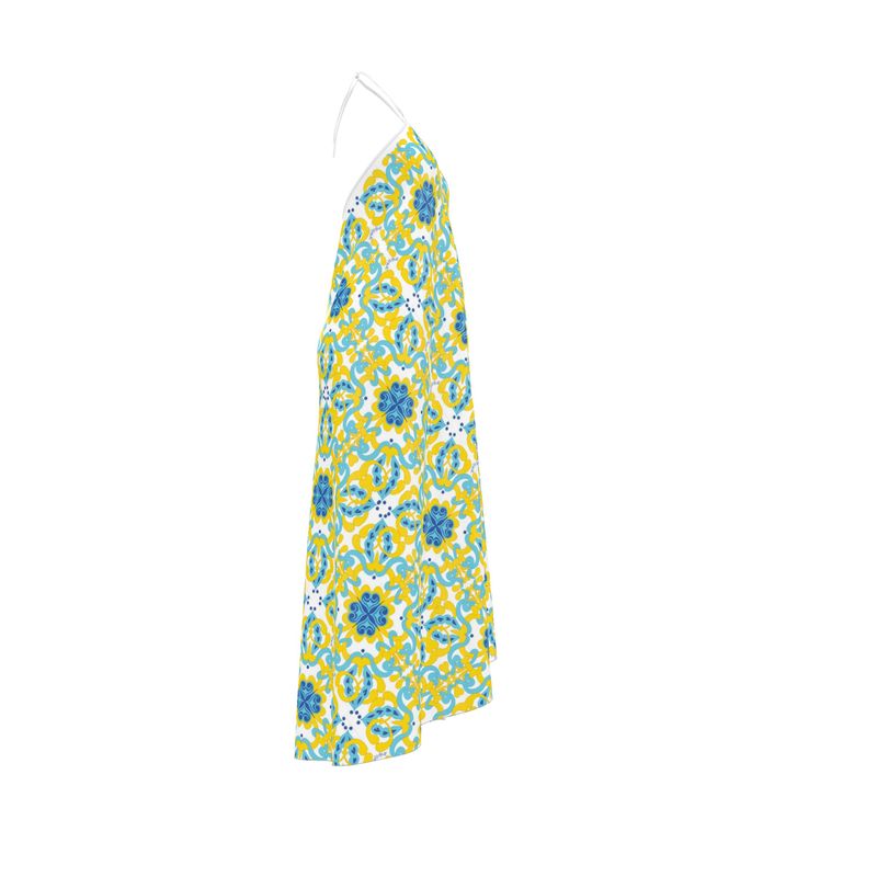 Amalfi Pattern Halterneck Backless Silk Dress