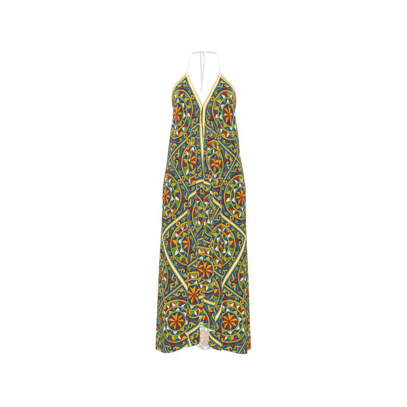 Sicilian Design Silk Halterneck Backless Dress