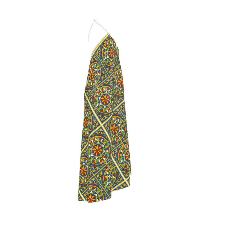 Sicilian Design Silk Halterneck Backless Dress