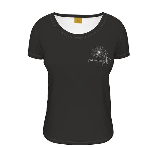 Italian Designer Ladies Scoop Neck T-Shirt with "pazienza" logo