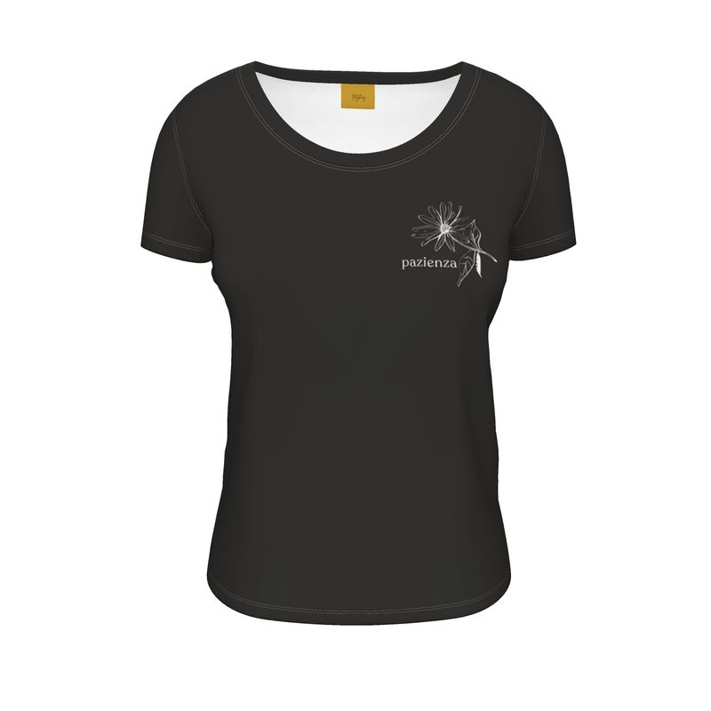 Italian Designer Ladies Scoop Neck T-Shirt with "pazienza" logo