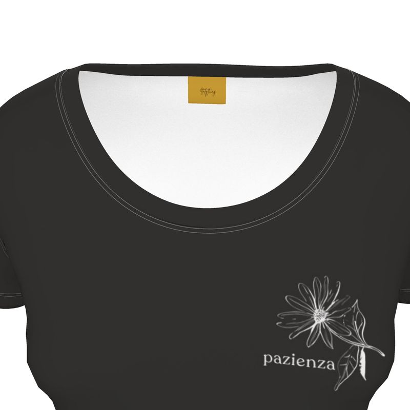 Italian Designer Ladies Scoop Neck T-Shirt with "pazienza" logo