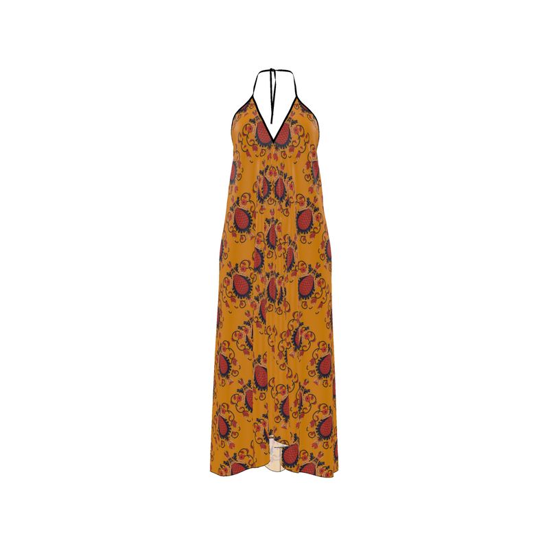 Arte Firenze Pine Cone Pattern Silk Halterneck Backless Dress