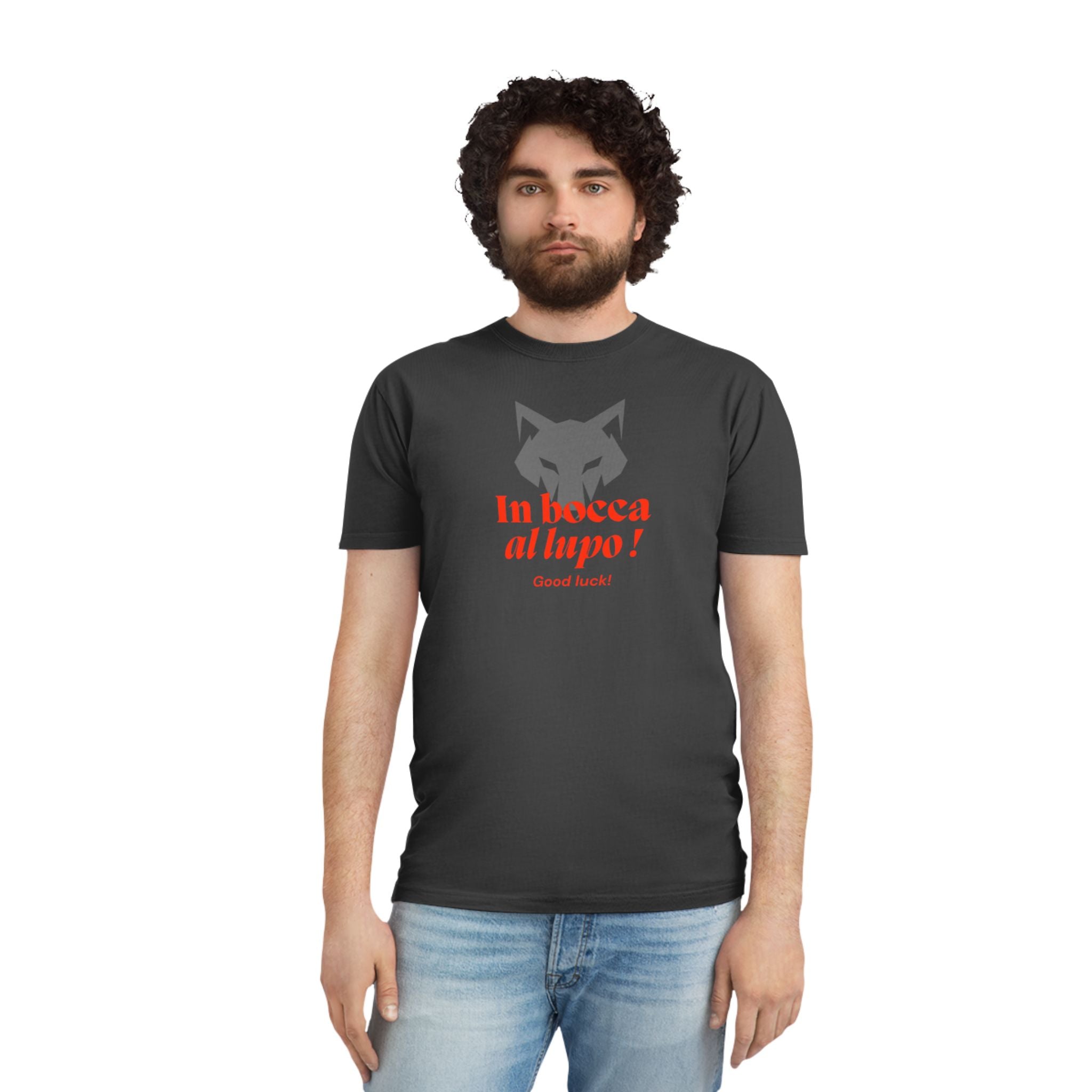 Unisex-T-Shirt mit verblasstem Glücksmotiv – „In bocca al lupo!“-Design