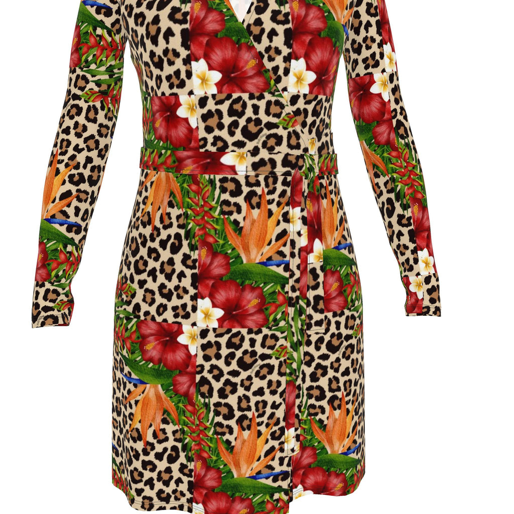 Leopard Flower Italian Designer Wrap Dress