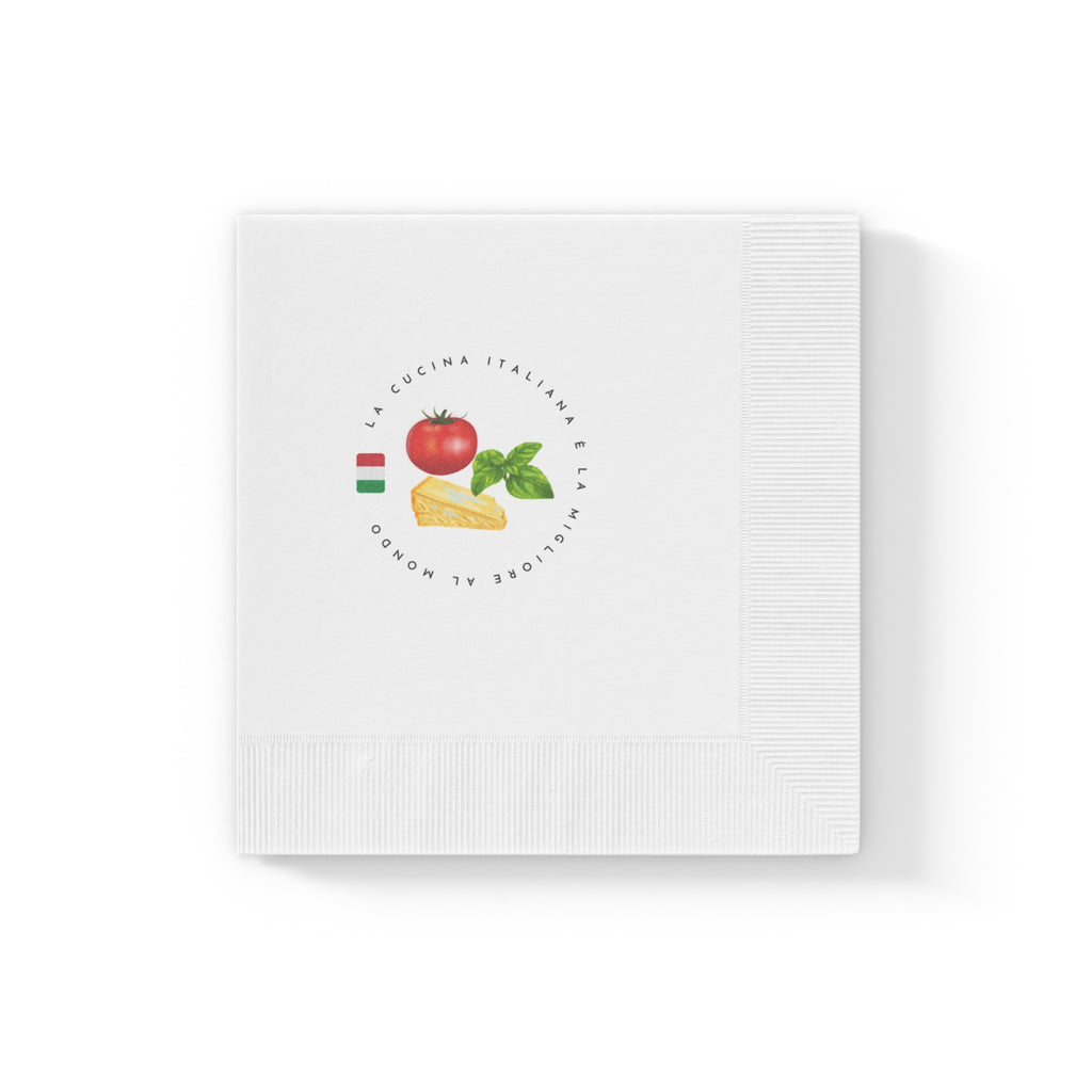 Logo der italienischen Küche, weiße Servietten mit Prägung
