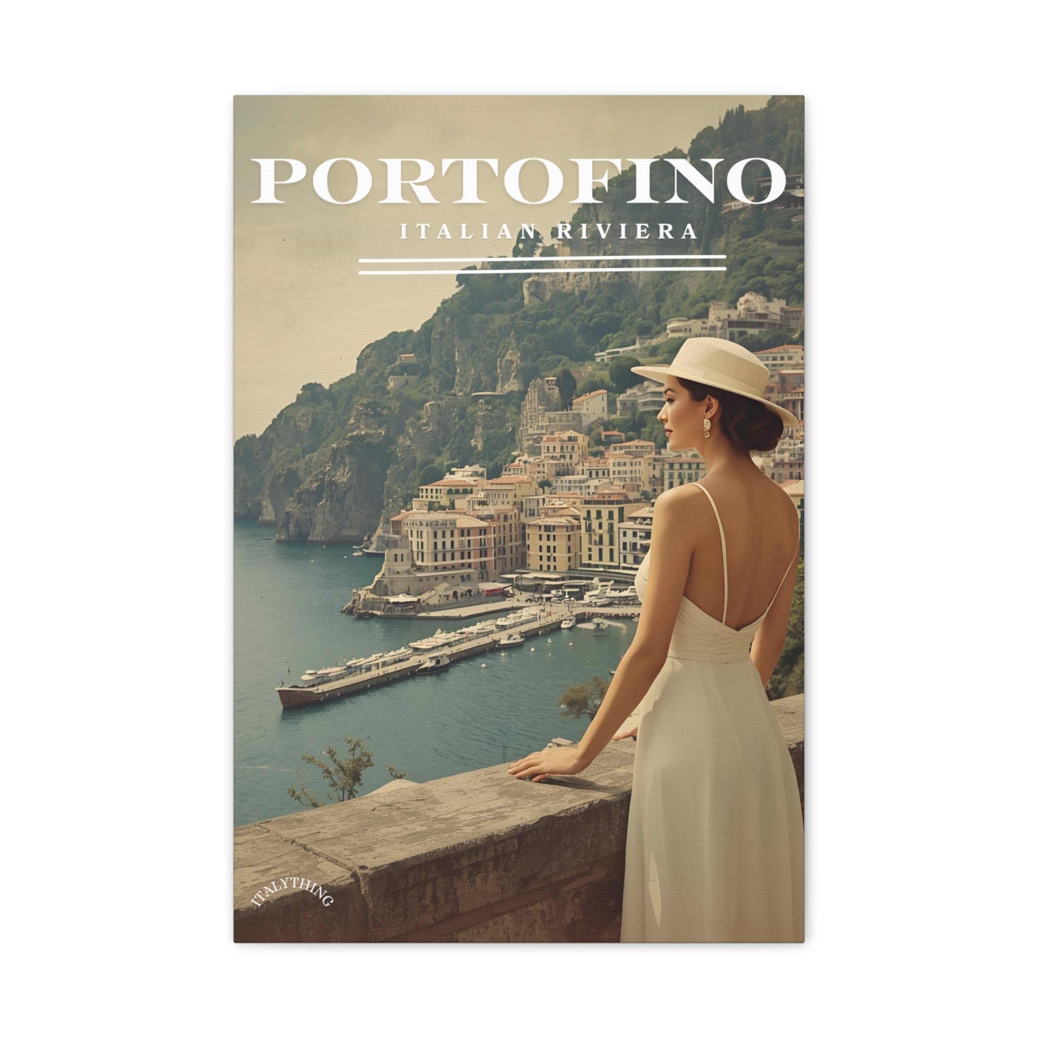 Portofino Vintage Canvas Print - with view over the harbour - Decorative Wall Art