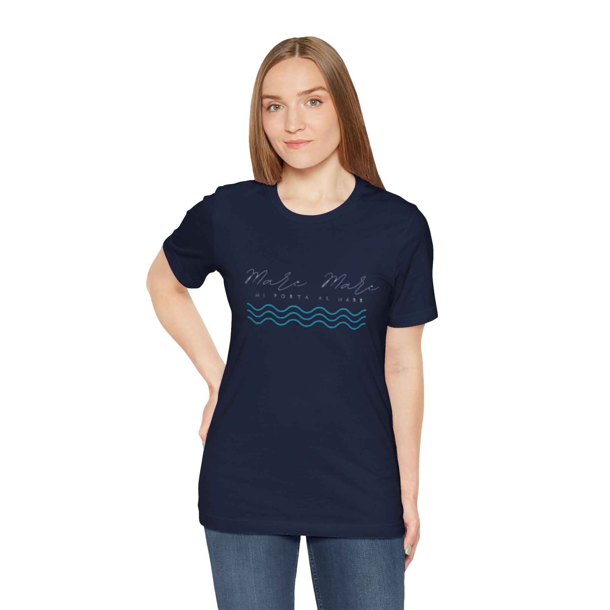 Italienisches Marken-Sommer-T-Shirt aus Jersey mit kurzen Ärmeln und italienischem Slogan: Mare Mare