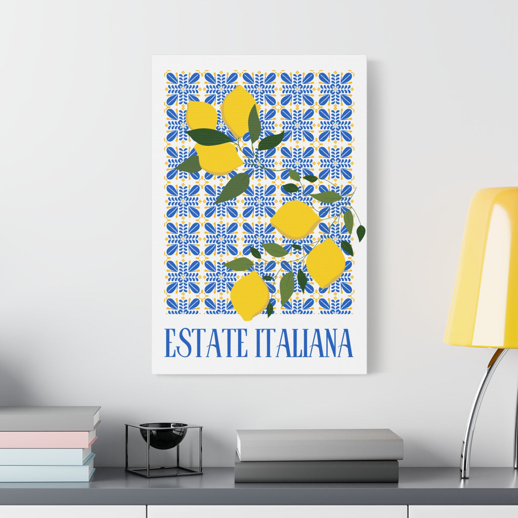Estate Italiana – Italienischer Sommer – Leinwanddruck – mit dekorativen Zitronen und Majolika-Fliesen – Dekorative Wanddekoration