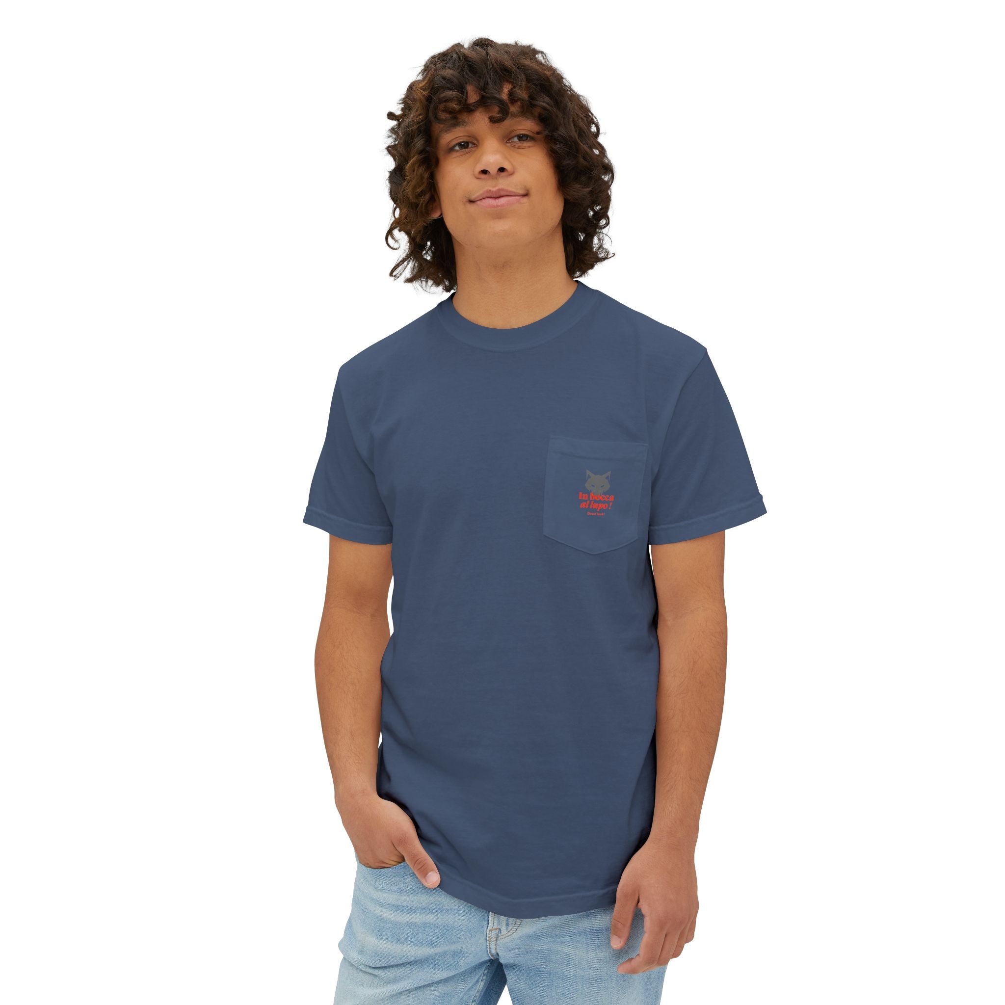 Faded Pocket T-Shirt — 'In bocca al lupo' Wolf Graphic Tee