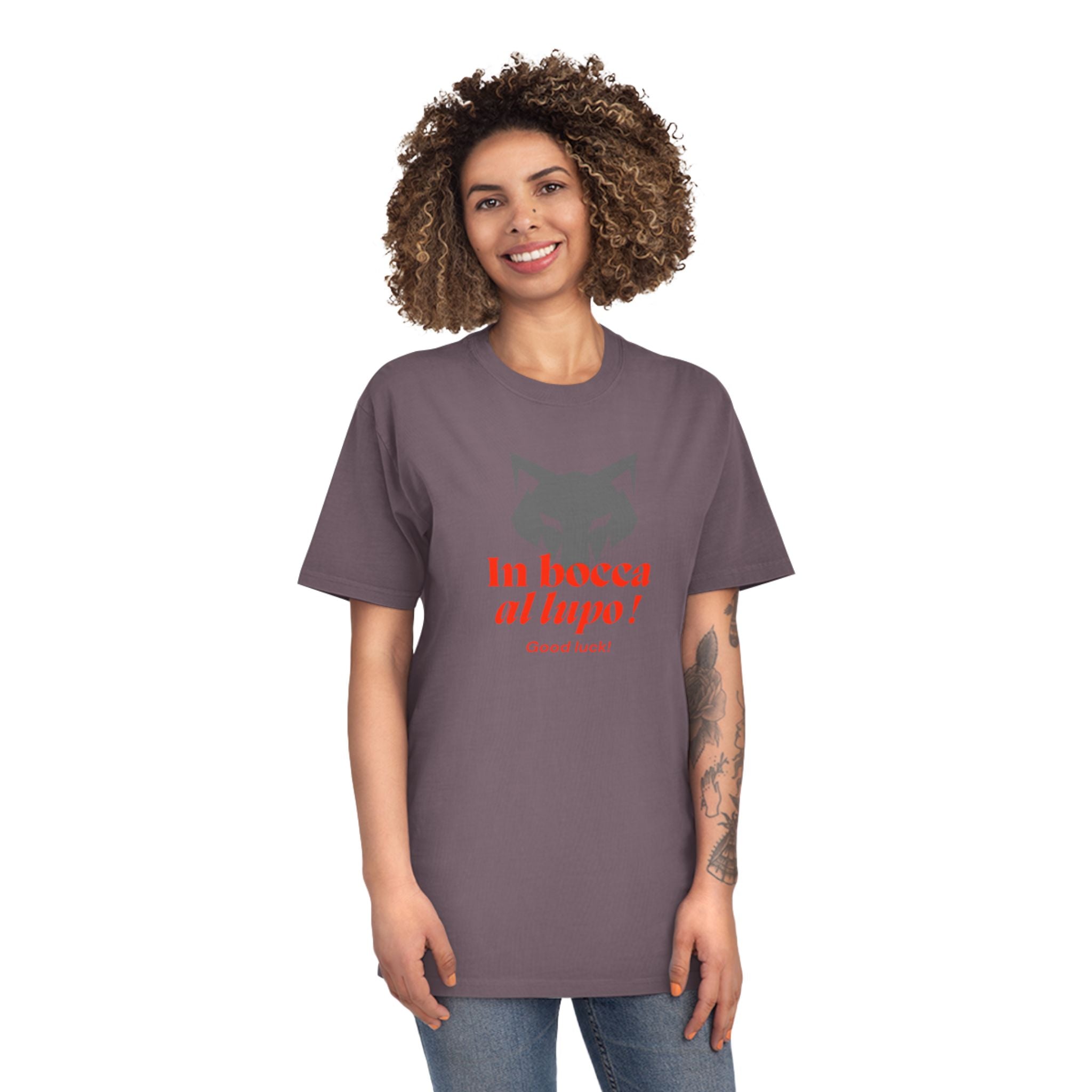 Unisex-T-Shirt mit verblasstem Glücksmotiv – „In bocca al lupo!“-Design
