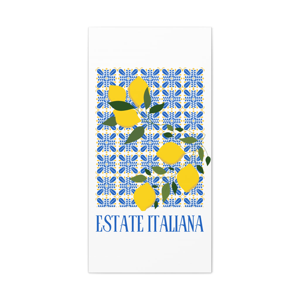 Estate Italiana – Italienischer Sommer – Leinwanddruck – mit dekorativen Zitronen und Majolika-Fliesen – Dekorative Wanddekoration