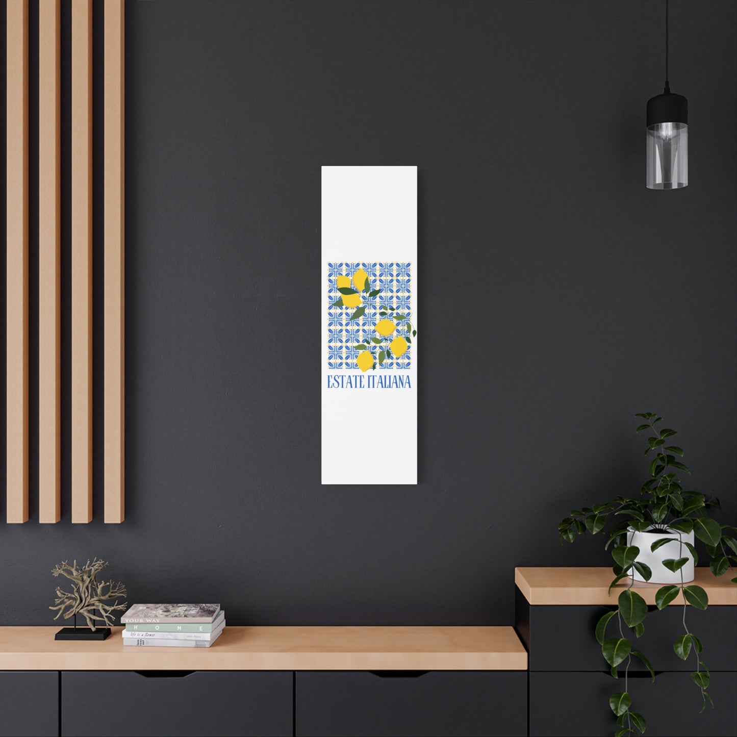 Estate Italiana – Italienischer Sommer – Leinwanddruck – mit dekorativen Zitronen und Majolika-Fliesen – Dekorative Wanddekoration