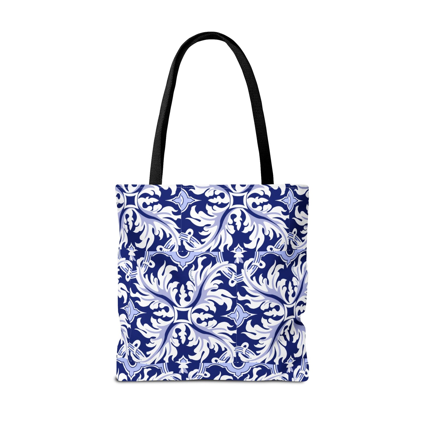 Elegant Navy Majolica Pattern Tote Bag, Stylish Shopping Bag