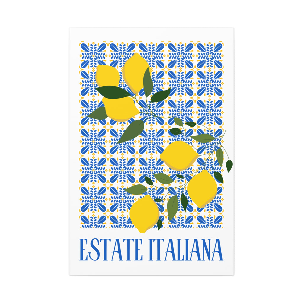 Estate Italiana – Italienischer Sommer – Leinwanddruck – mit dekorativen Zitronen und Majolika-Fliesen – Dekorative Wanddekoration