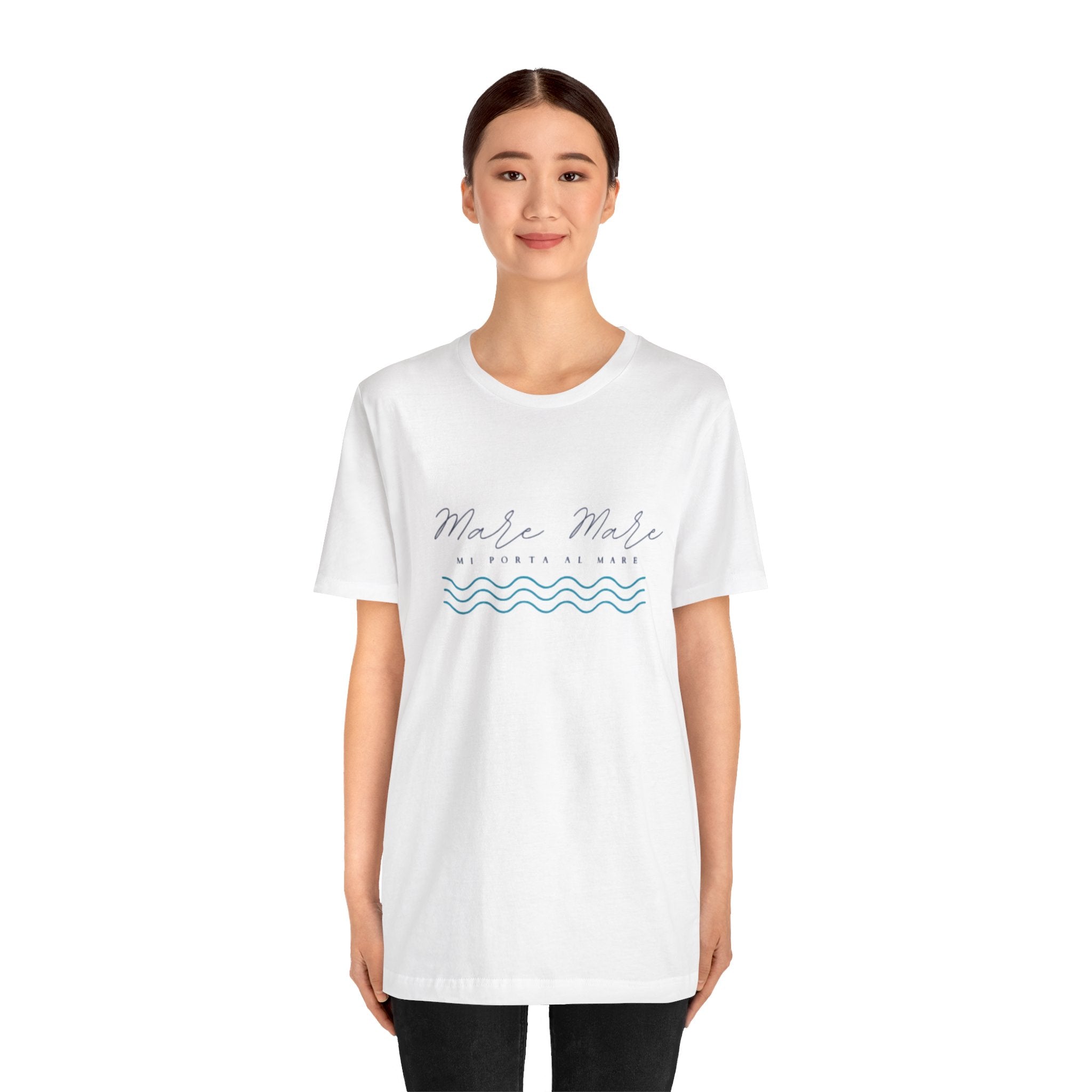 Italienisches Marken-Sommer-T-Shirt aus Jersey mit kurzen Ärmeln und italienischem Slogan: Mare Mare