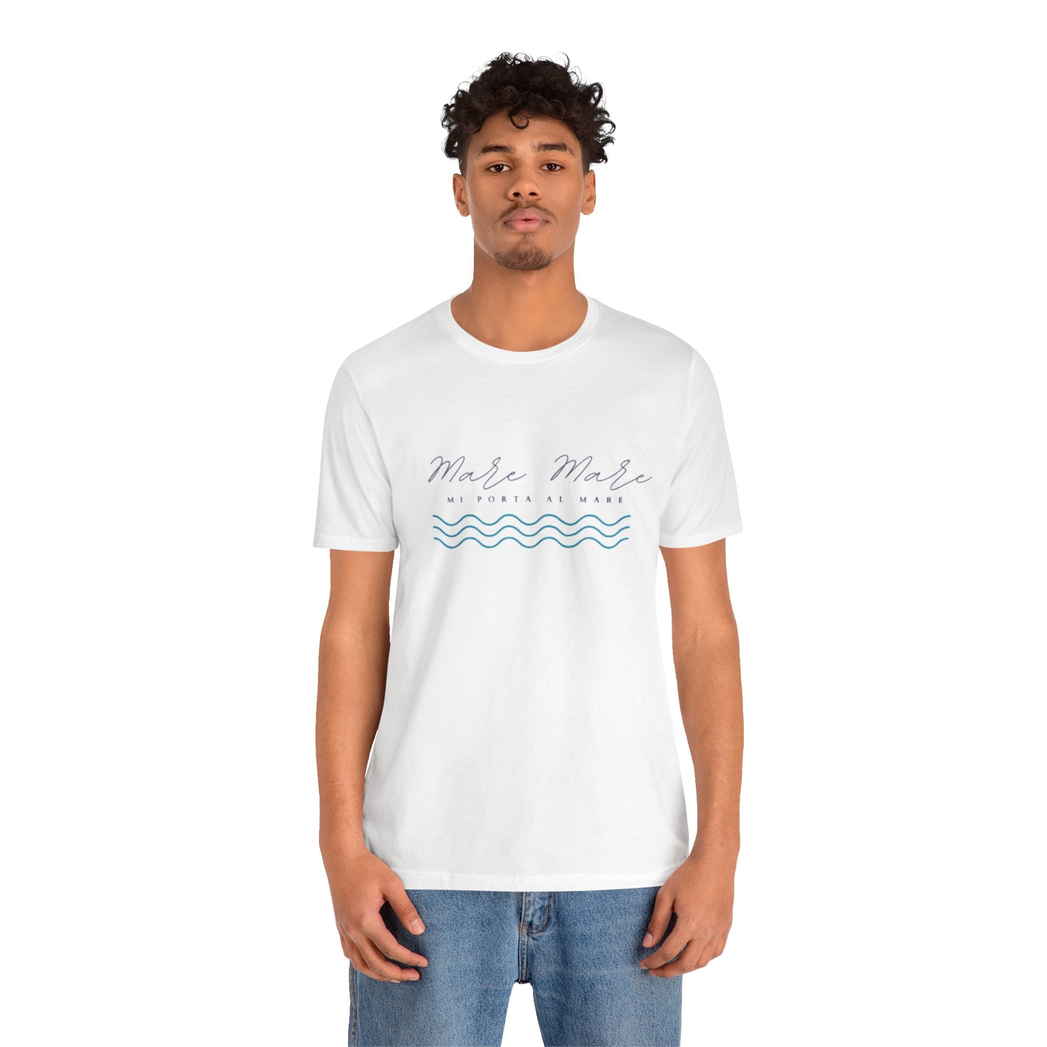 Italienisches Marken-Sommer-T-Shirt aus Jersey mit kurzen Ärmeln und italienischem Slogan: Mare Mare