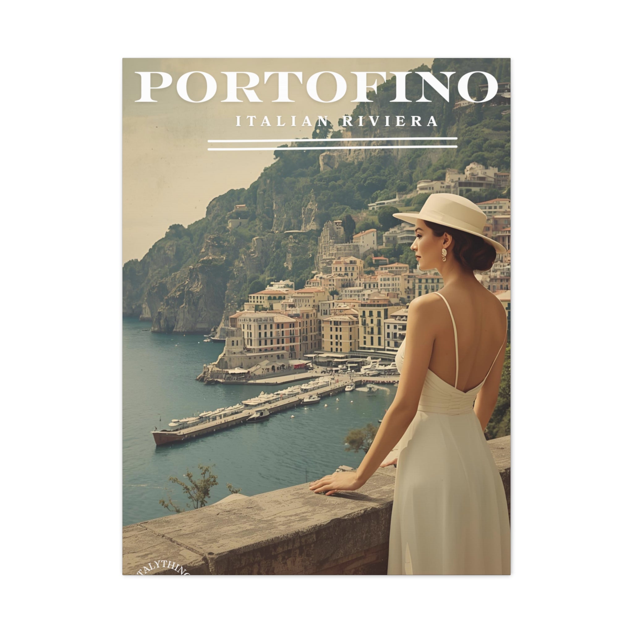 Portofino Vintage Canvas Print - with view over the harbour - Decorative Wall Art