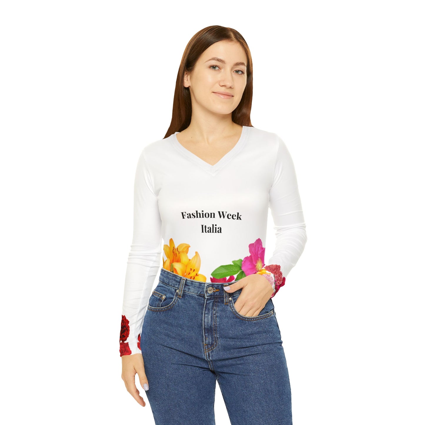 Floral Design V-Neck Shirt for Fashion Lovers, Stylish Long Sleeve Tee, Perfect for Spring, Fashion Week Gift
