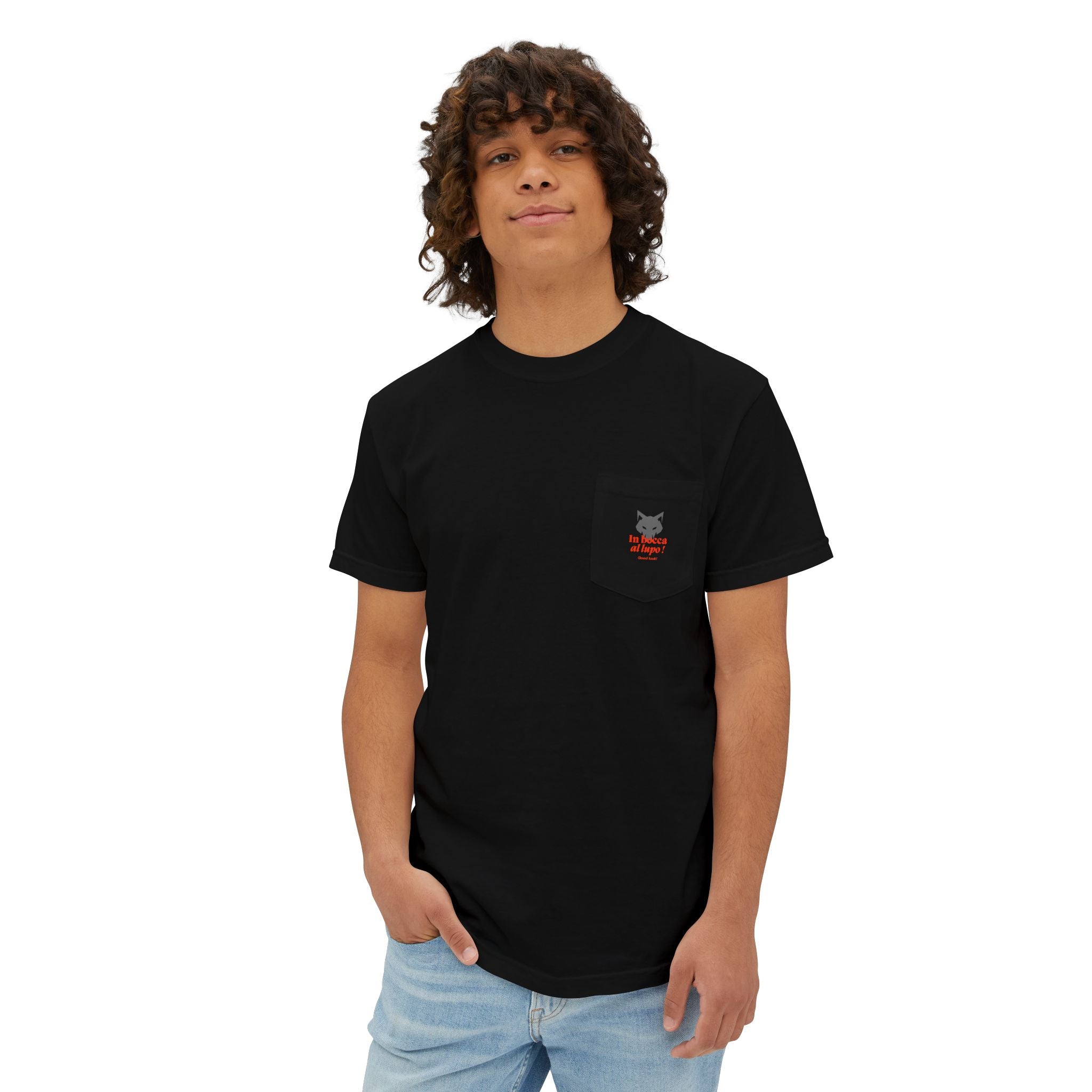 Faded Pocket T-Shirt — 'In bocca al lupo' Wolf Graphic Tee