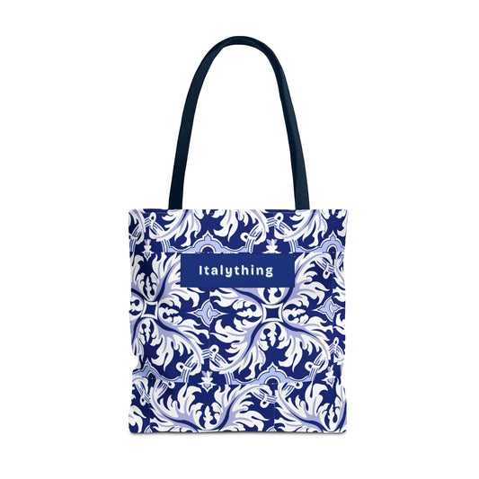 Elegant Navy Majolica Pattern Tote Bag, Stylish Shopping Bag