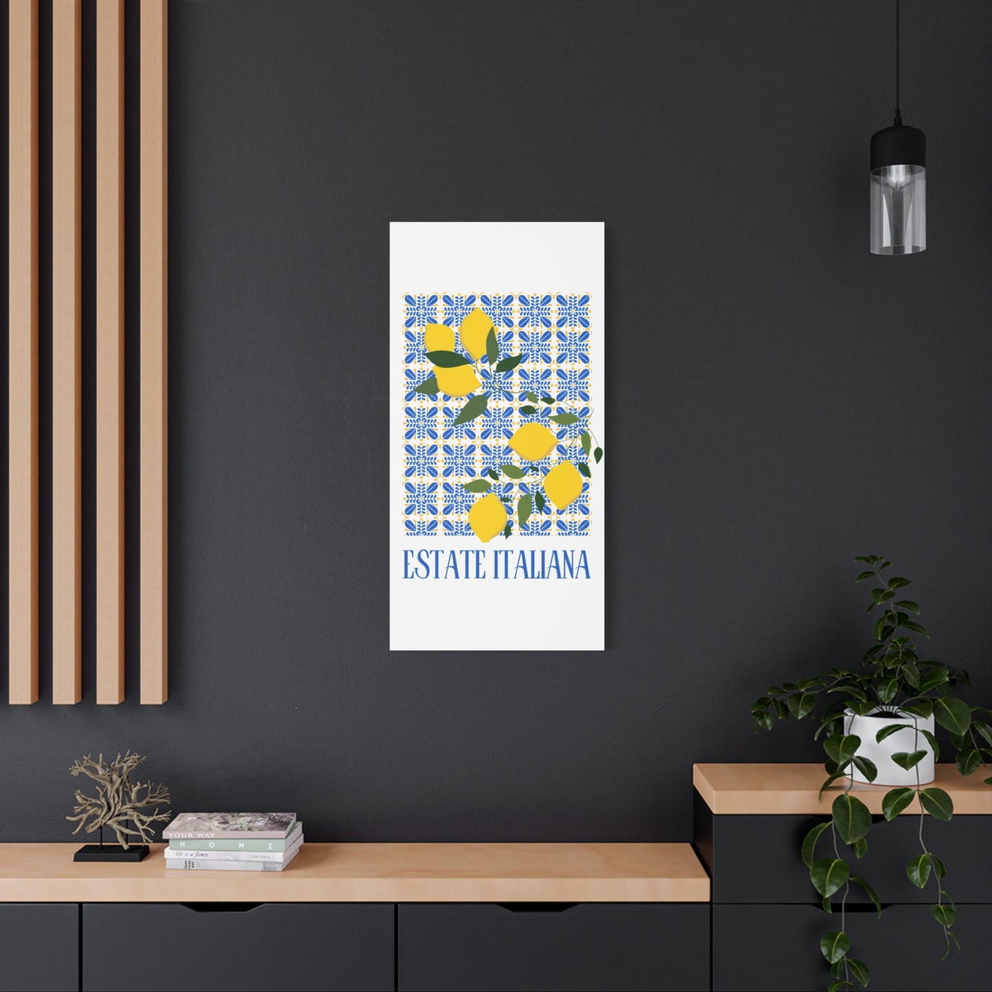 Estate Italiana – Italienischer Sommer – Leinwanddruck – mit dekorativen Zitronen und Majolika-Fliesen – Dekorative Wanddekoration