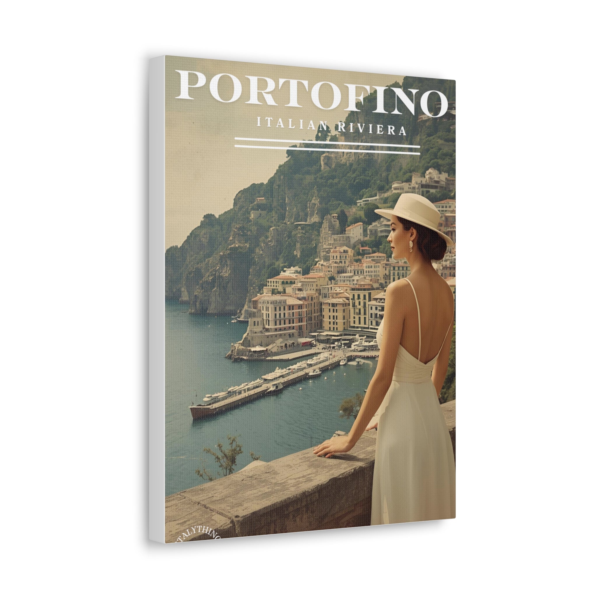 Portofino Vintage Canvas Print - with view over the harbour - Decorative Wall Art