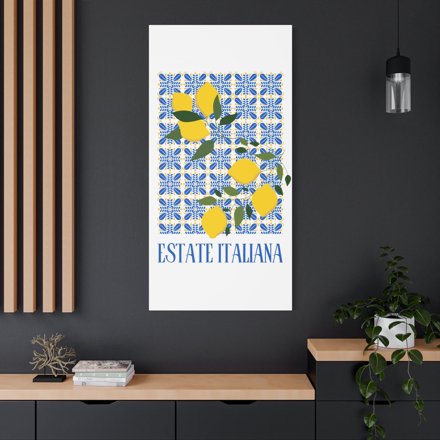 Estate Italiana – Italienischer Sommer – Leinwanddruck – mit dekorativen Zitronen und Majolika-Fliesen – Dekorative Wanddekoration