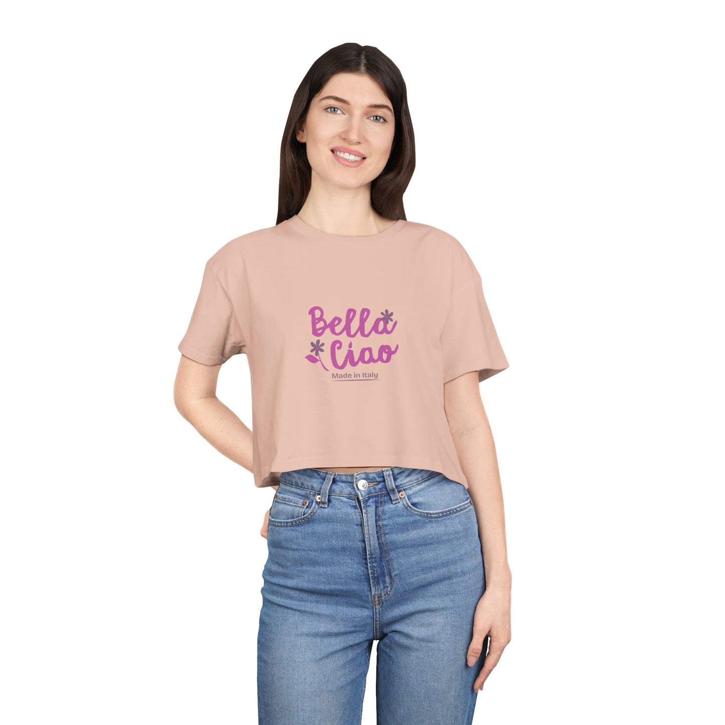 Bella Ciao Crop Tee — Feminine Italian Phrase Graphic Top