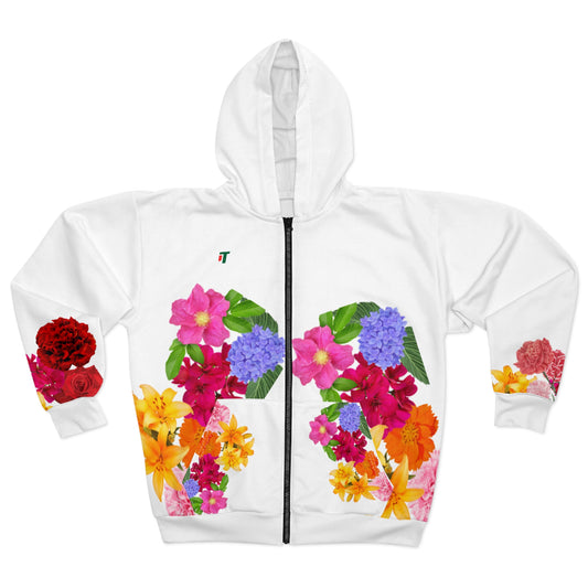 Floral  Design Zip Hoodie, Cozy Spring Jacket, Trendy Streetwear