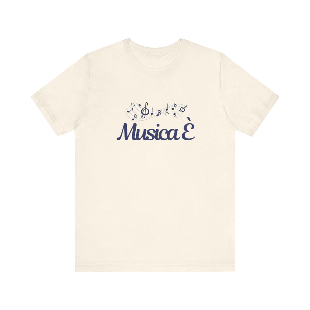 Italienisches Marken-T-Shirt aus Jersey mit kurzen Ärmeln: "Musica è..." (Musik ist...)