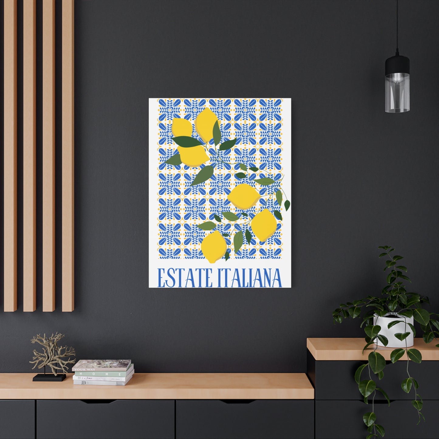 Estate Italiana – Italienischer Sommer – Leinwanddruck – mit dekorativen Zitronen und Majolika-Fliesen – Dekorative Wanddekoration